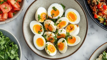 A colorful display of soy sauce marinated eggs alongside a variety of Japanese dishes, showcasing the versatility of the ingredient in a beautiful dining arrangement