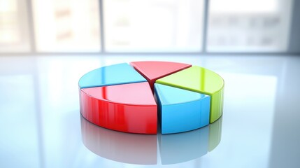Fototapeta premium A colorful pie chart with sections in red, blue, and green, displayed on a glossy white surface with soft lighting and reflections