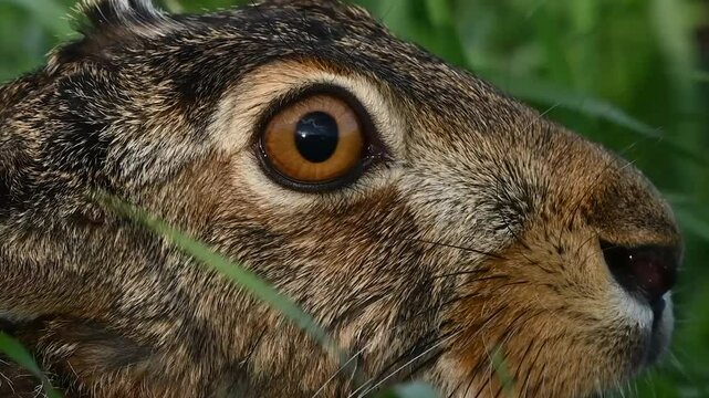European hare lepus europaeus in the wild. The hare's head. Close up. Slow motion.