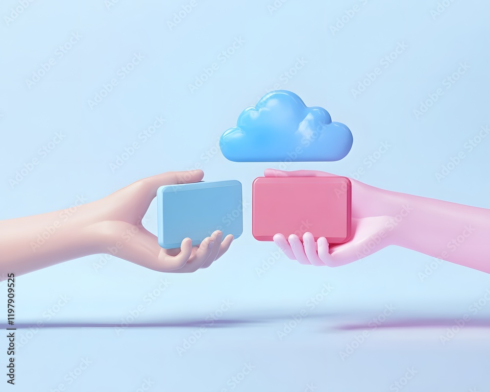 Poster a minimalist digital concept showing two hands exchanging blocks, symbolizing data transfer and clou