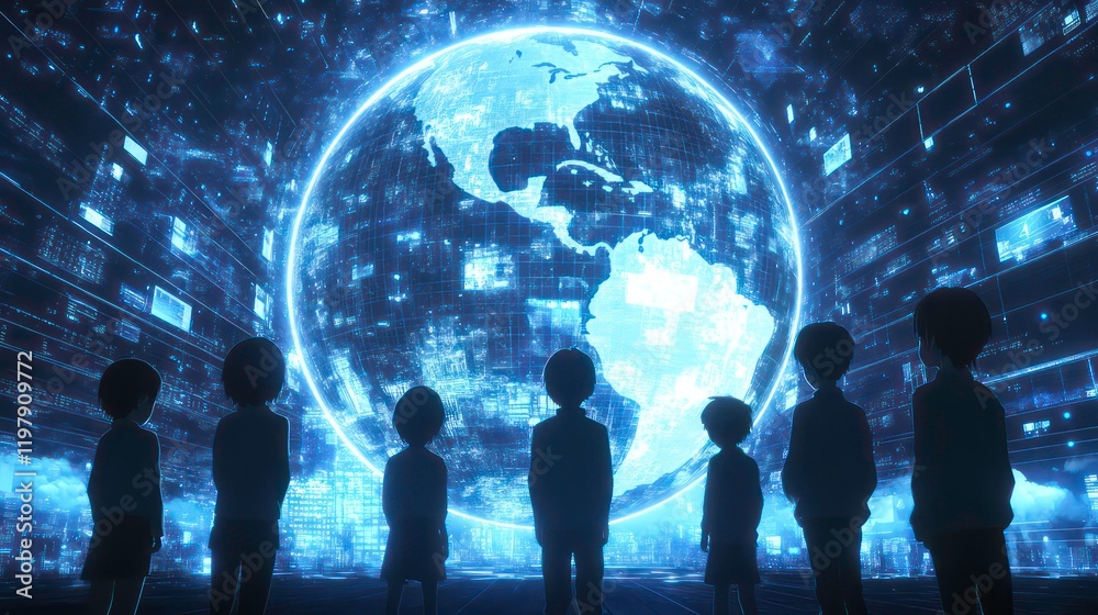 Aufkleber Silhouetted children observing a digital globe representing global connection and technology.