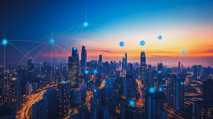 Fototapeta premium Abstract business man stands on the peak of success amid tall, innovative Smart city and graphs with statistics to analyze business potential and predict future developments in company growth.