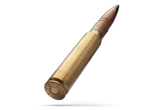 Detailed .50 Caliber Bullet Ammunition with Brass Casing  – Military-Grade Precision Ammunition Display Isolated with transparent shadow