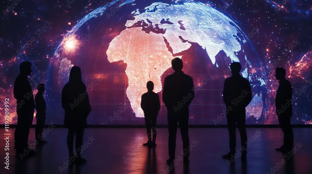 Leinwandbilder silhouetted figures gazing at a large digital globe projection displaying global network connections