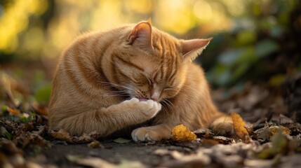 A serene orange cat grooming itself in a sunlit autumn scene. This image captures the essence of tranquility and natural beauty in outdoor surroundings. Generative AI