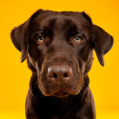 Chocolate Labrador Retriever on Yellow Backdrop
