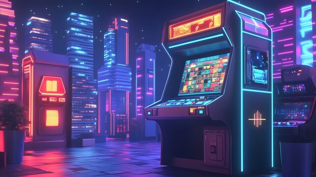 A vibrant arcade scene featuring neon-lit gaming machines. The retro atmosphere invites nostalgia while showcasing modern city life, perfect for gaming enthusiasts and city lovers.