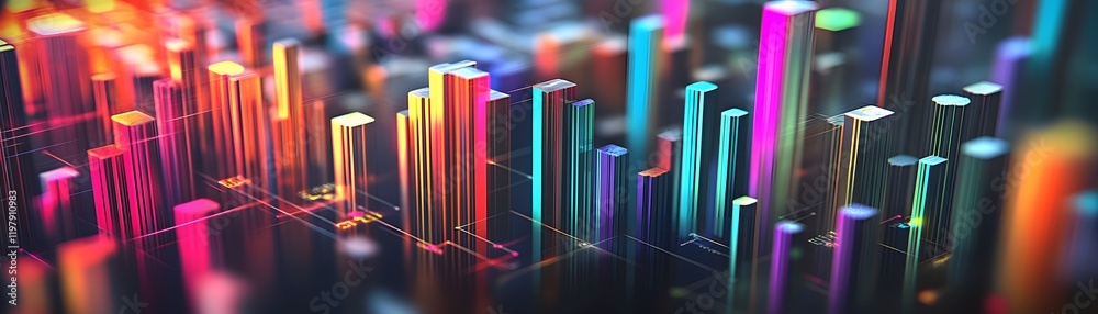 Poster a vibrant digital visualization of data represented through colorful bars and graphs, showcasing tre