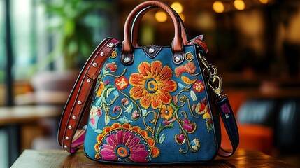 Vibrant Floral Embroidered Handbag with Leather Accents