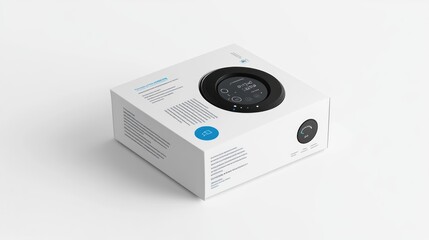 Obraz premium Smart Thermostat Product Packaging Design: Modern Minimalist White Box with Black Circular Device, Displaying Temperature and Controls.