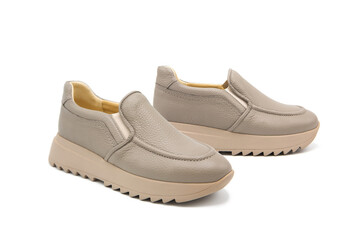 Pair of fashionable leather shoes isolated on white background. View from all sides.	