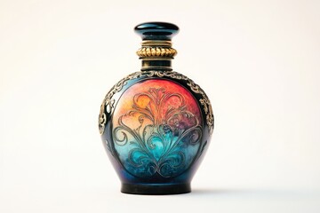 Ornate, antique-style perfume bottle with a dark blue and orange gradient, featuring intricate gold detailing.