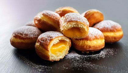 Sweet golden pastries dusted with powdered sugar.