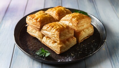 Golden-brown pastries arranged on a dark tray, garnished with fresh herbs.