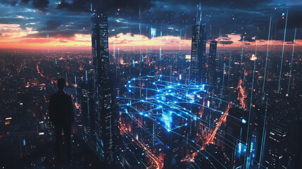 Fototapeta premium Abstract business man stands on the peak of success amid tall, innovative Smart city and graphs with statistics to analyze business potential and predict future developments in company growth.