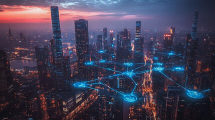 Fototapeta premium Abstract business man stands on the peak of success amid tall, innovative Smart city and graphs with statistics to analyze business potential and predict future developments in company growth.