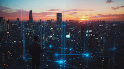 Abstract business man stands on the peak of success amid tall, innovative Smart city and graphs with statistics to analyze business potential and predict future developments in company growth.