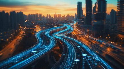 Abstract business man stands on the peak of success amid tall, innovative Smart city and graphs with statistics to analyze business potential and predict future developments in company growth.