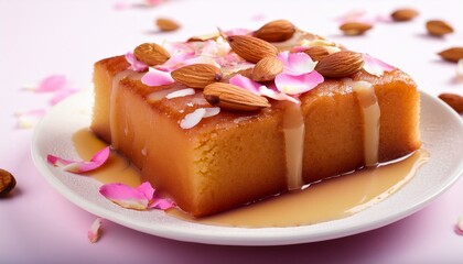 Delicious almond cake drizzled with a sweet sauce and decorated with rose petals.