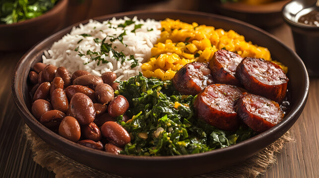 Close-up of traditional brazilian dish baio de dois with rice, beans, sausage, and rennet cheese, brazilian, food. Stormfall. Illustration