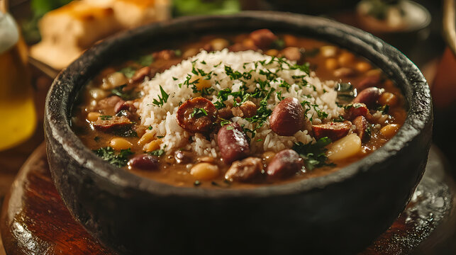Close-up of traditional brazilian dish baio de dois with rice, beans, sausage, and rennet cheese, brazilian, food. Stormfall. Illustration