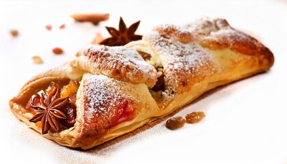 Sweet pastry with raisins and star anise, dusted with powdered sugar.