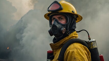 A firefighter wearing a yellow helmet and respirator mask stands ready amidst thick smoke, showcasing courage and professionalism.  
