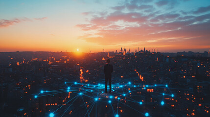 abstract, business, team, stands, peak, success, Abstract business man stands on the peak of success amid tall, innovative Smart city and graphs with statistics to analyze business potential and predi