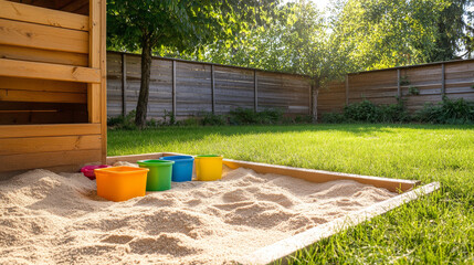 Colorful buckets sitting in a sandbox next to a playhouse, inviting children to a fun playtime in a backyard with green grass and a wooden fence