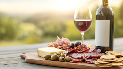 Delicious charcuterie board featuring meats, cheeses, crackers, olives, and red wine, set against a sunset over rolling hills