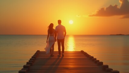 Fototapeta premium A tranquil scene of two people standing on a pier as the sun sets, capturing a quiet, romantic moment by the water.