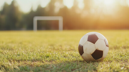 Obraz premium Classic leather soccer ball lying on a freshly cut playing field with goalposts in the background, bathed in warm sunset light