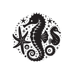 Black Color Seahorses & starfish silhouette design Vector Illustration, Solid White Background (3).eps