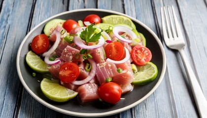 Refreshing tuna ceviche with lime, tomato, and red onion.