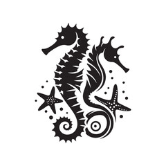 Black Color Seahorses & starfish silhouette design Vector Illustration, Solid White Background (5).eps
