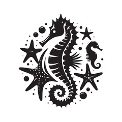 Black Color Seahorses & starfish silhouette design Vector Illustration, Solid White Background (6).eps