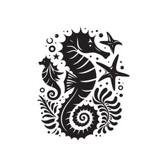 Black Color Seahorses & starfish silhouette design Vector Illustration, Solid White Background (8).eps