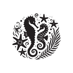 Black Color Seahorses & starfish silhouette design Vector Illustration, Solid White Background (9).eps