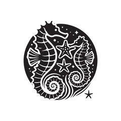 Black Color Seahorses & starfish silhouette design Vector Illustration, Solid White Background (12).eps