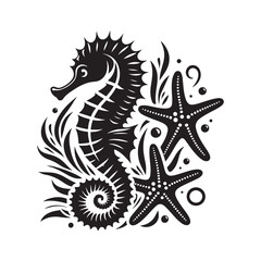 Black Color Seahorses & starfish silhouette design Vector Illustration, Solid White Background (13).eps