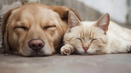 Dog and cat sleeping peacefully together.