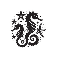 Black Color Seahorses & starfish silhouette design Vector Illustration, Solid White Background (17).eps