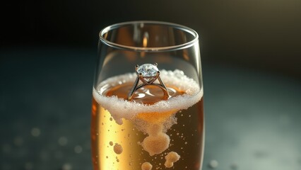 A shiny engagement ring placed next to a champagne flute, sparkling highlights, romantic dinner setting, soft warm glow, high detail, celebratory mood.