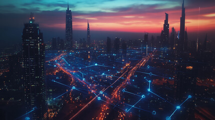 Fototapeta premium abstract, business, team, stands, peak, success, Abstract business man stands on the peak of success amid tall, innovative Smart city and graphs with statistics to analyze business potential and predi