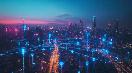 Fototapeta premium abstract, business, team, stands, peak, success, Abstract business man stands on the peak of success amid tall, innovative Smart city and graphs with statistics to analyze business potential and predi