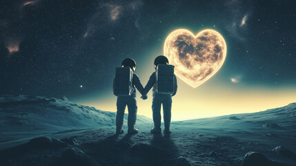 Astronauts standing together on rocky planetary terrain, sharing tender moment while gazing at heart-shaped celestial body symbolizing cosmic connection