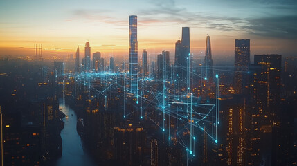 Fototapeta premium abstract, business, team, stands, peak, success, Abstract business man stands on the peak of success amid tall, innovative Smart city and graphs with statistics to analyze business potential and predi