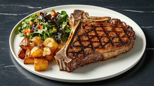 A juicy T-bone steak with a side of roasted potatoes and fresh salad, beautifully arranged on a round white plate, ready to be enjoyed