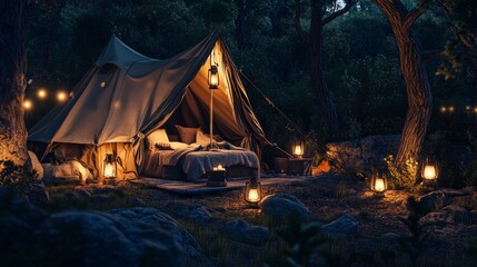 A serene camping scene illuminated by soft lantern lights. Nature surrounds the cozy tent. Embrace the tranquility and beauty of outdoor adventures. Generative AI