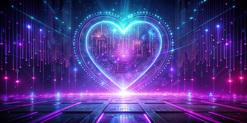 A large, luminous heart shape is at the center, radiating colorful lights and surrounded by abstract technological designs. The atmosphere exudes a vibrant energy, suggesting a digital connection